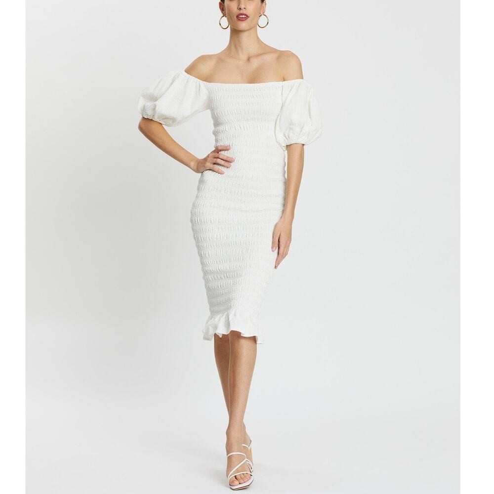 Never Fully Dressed Jojo Midi Dress in White Smocked Puff Sleeve Stretch Size 10